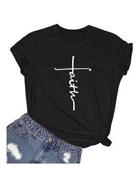 Women Black Cotton Graphic Funny Faith T-Shirt Casual Short Sleeve